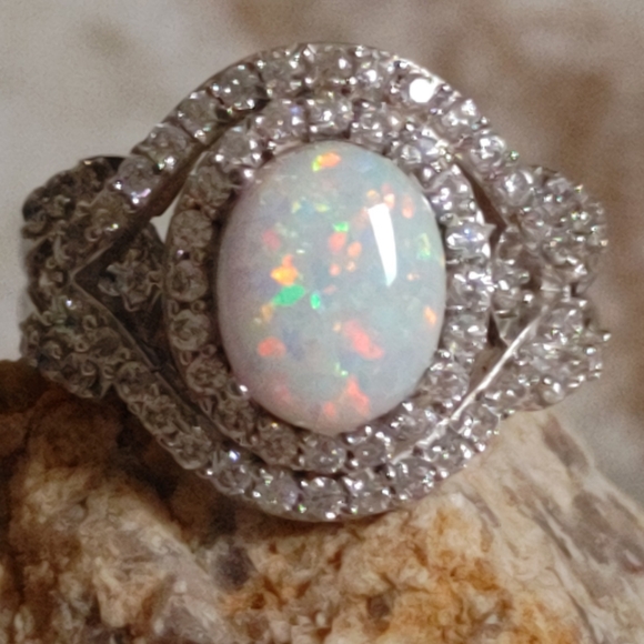 Vintage Jewelry - SJD 925 Opal and Diamond Pavers Ring Size 8
